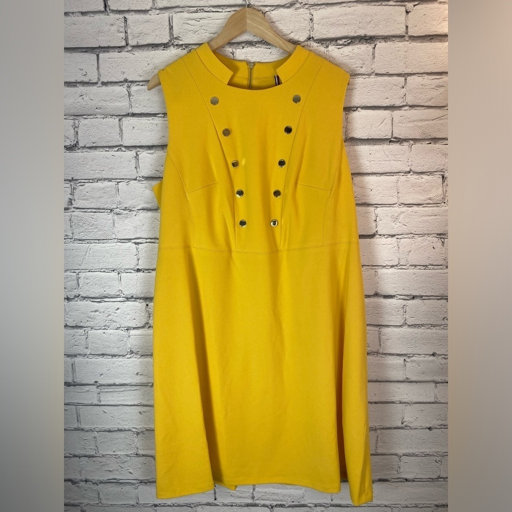 Tommy Hilfiger Yellow Mock Neck Sleeveless Dress Gold Buttons Modern 20W NWT - Picture 3 of 15